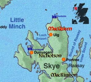 A map showing the location of the MacQueen Clan on the north end of the Isle of Skye